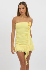 Yellow Strapless Dress Mini Frill Hem Mesh