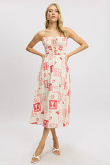 Red Abstract Midi Dress Ribbon Detail Strappy