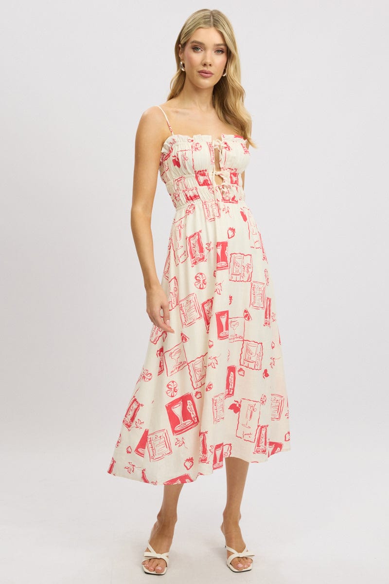 Red Abstract Midi Dress Ribbon Detail Strappy