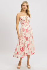 Red Abstract Midi Dress Ribbon Detail Strappy