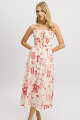 Red Abstract Midi Dress Ribbon Detail Strappy