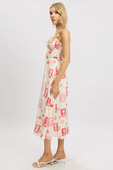 Red Abstract Midi Dress Ribbon Detail Strappy