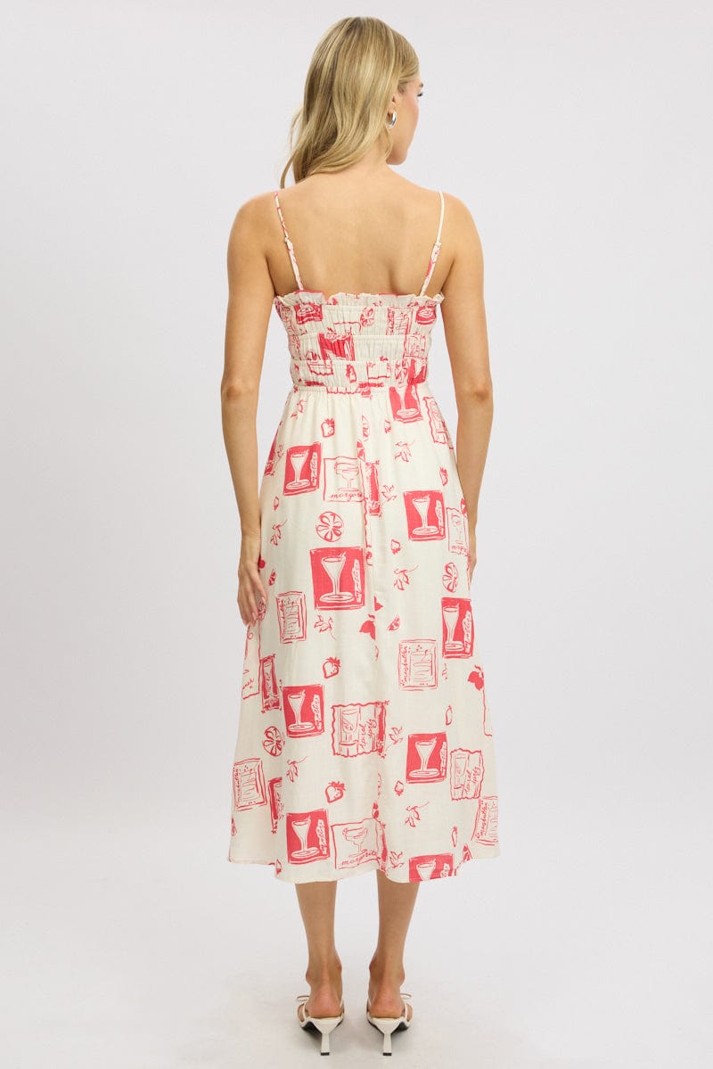 Red Abstract Midi Dress Ribbon Detail Strappy