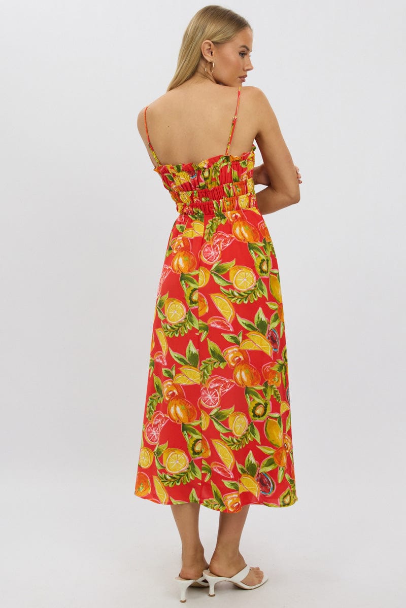 Red Abstract Midi Dress Ribbon Detail Strappy