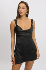 Black Mini Dress Cowl Neck Satin