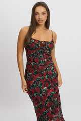 Red Floral Midi Dress Bias Chiffon