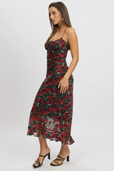 Red Floral Midi Dress Bias Chiffon