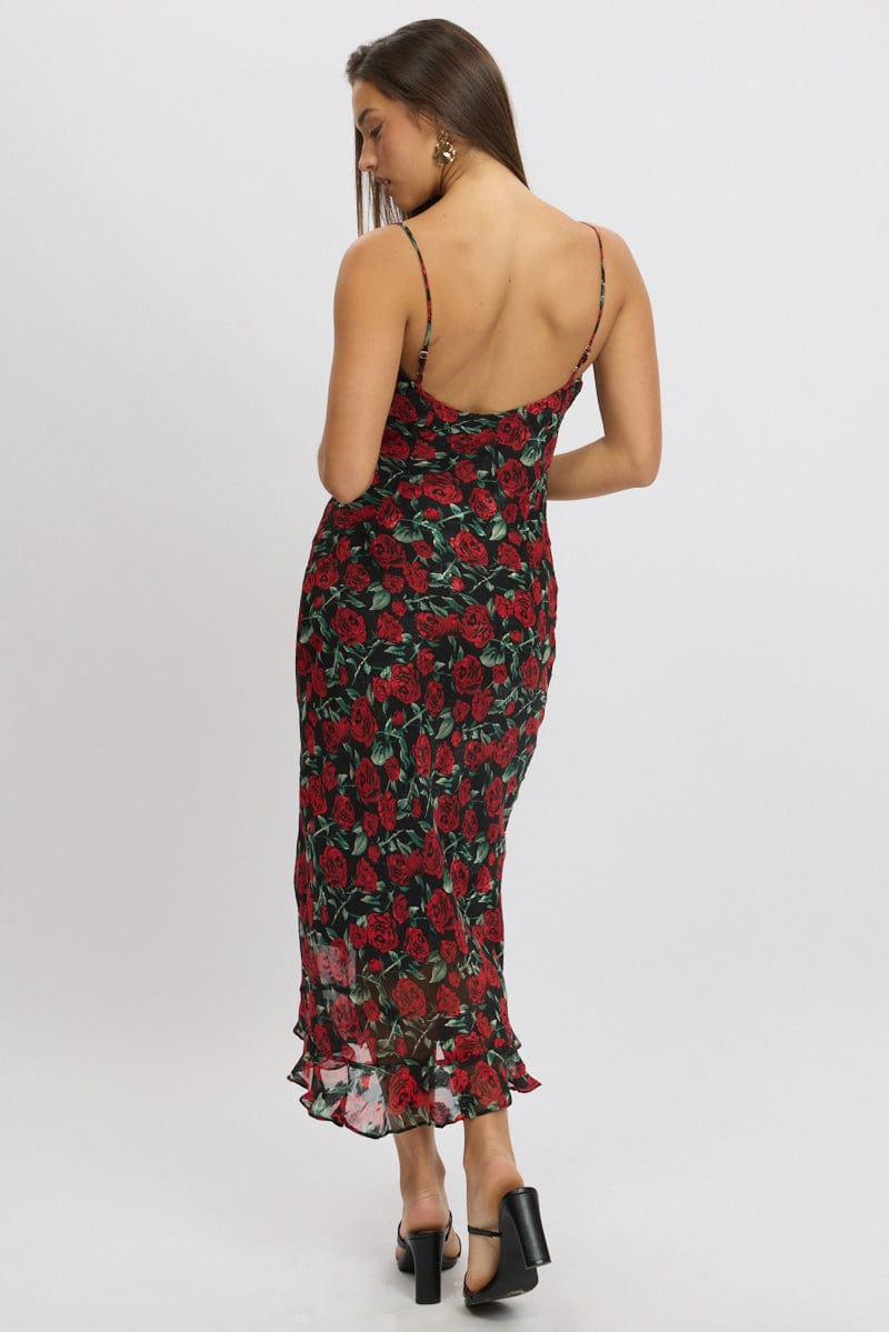 Red Floral Midi Dress Bias Chiffon