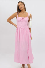 Pink Midi Dress Gathering Bust Corset Detail