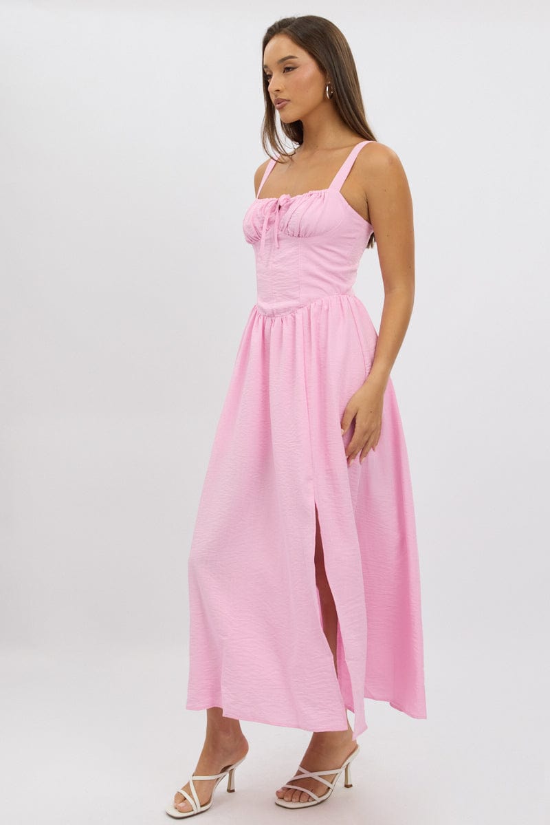 Pink Midi Dress Gathering Bust Corset Detail