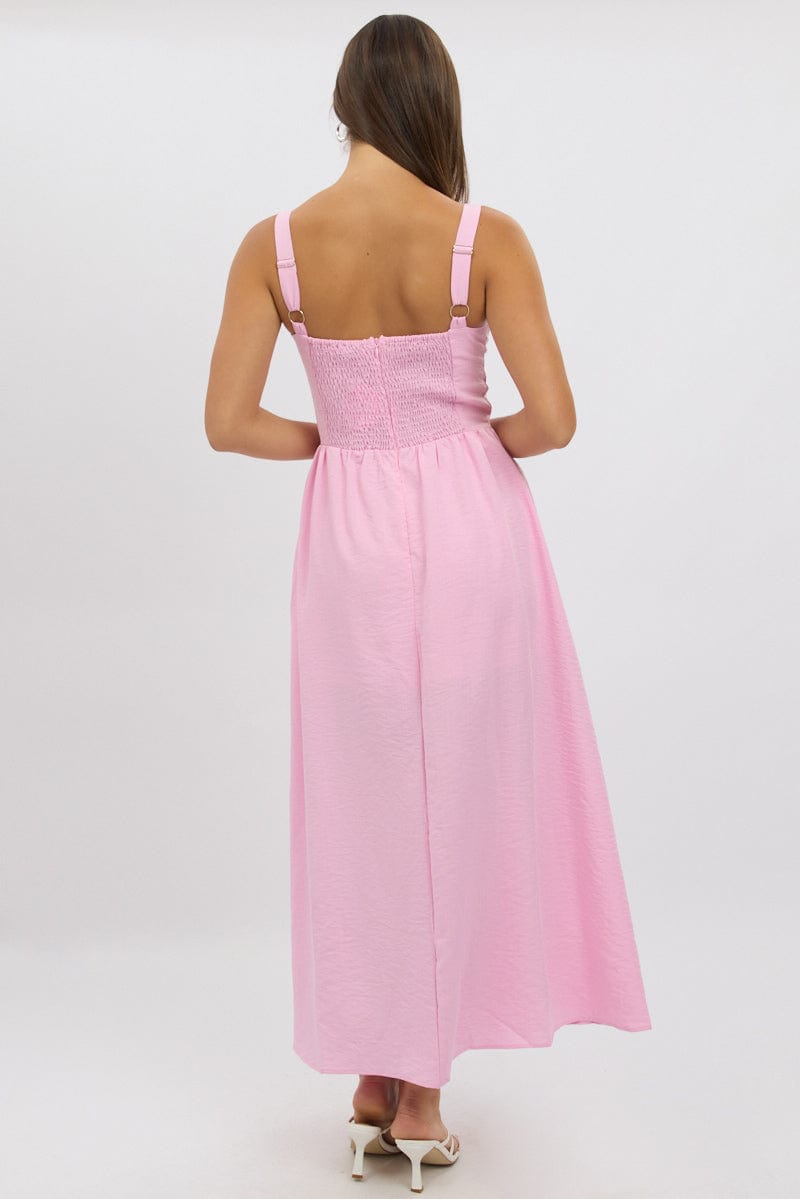 Pink Midi Dress Gathering Bust Corset Detail
