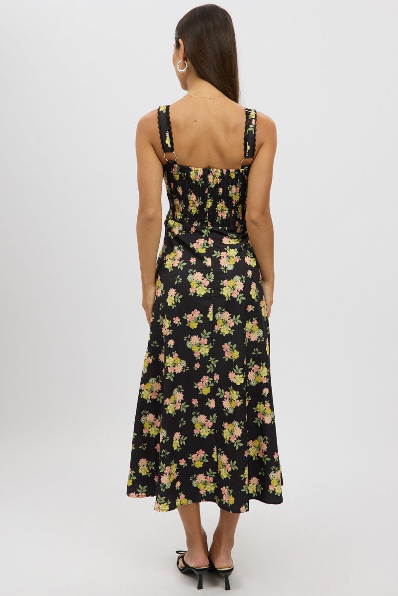 Black Floral Midi Dress Corset Detail