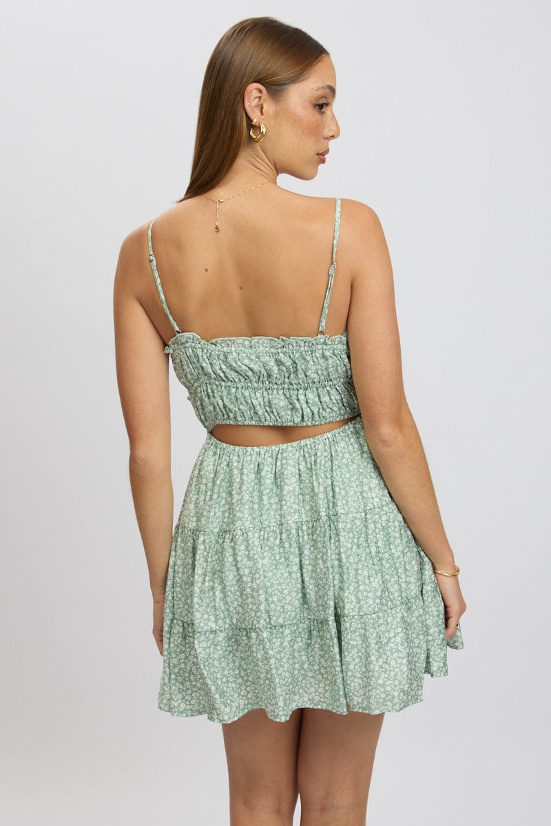 Green Ditsy Fit And Flare Dress Cut Out