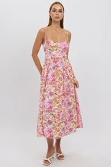 Multi Floral Midi Dress Corset Detail