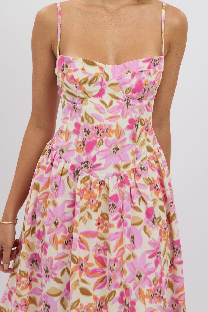 Multi Floral Midi Dress Corset Detail