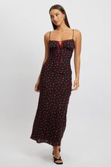 Black Ditsy Maxi Dress Lace Satin Tape