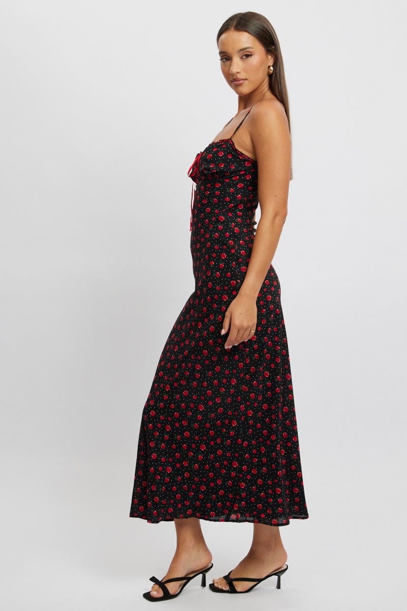 Black Ditsy Maxi Dress Lace Satin Tape