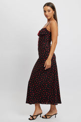 Black Ditsy Maxi Dress Lace Satin Tape