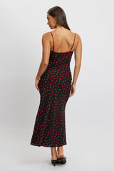 Black Ditsy Maxi Dress Lace Satin Tape