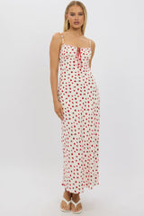 Red Ditsy Maxi Dress Lace Satin Tape