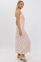 Red Ditsy Maxi Dress Lace Satin Tape