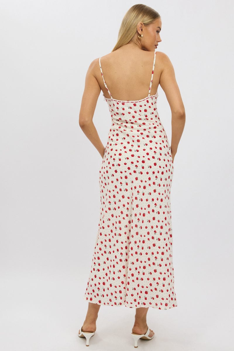 Red Ditsy Maxi Dress Lace Satin Tape