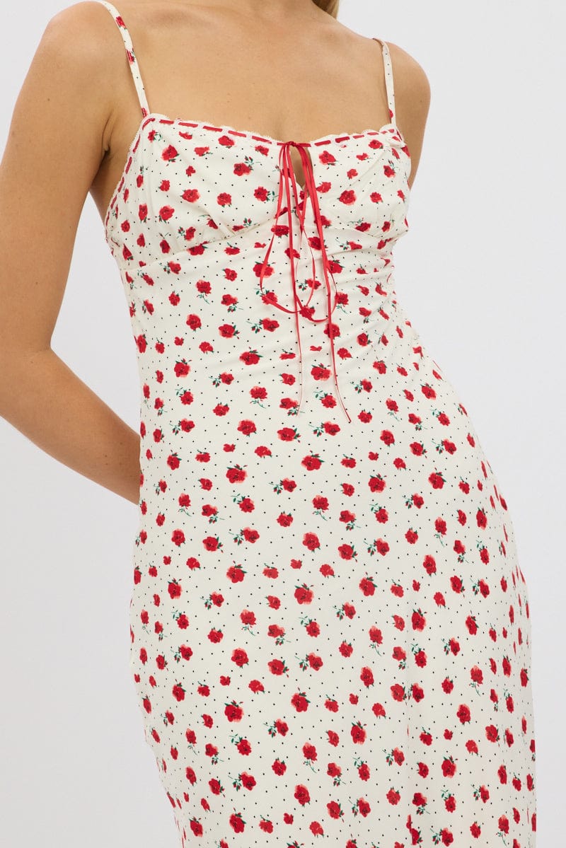 Red Ditsy Maxi Dress Lace Satin Tape
