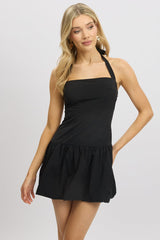 Black Bubble Dress Mini Halter Neck