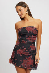 Black Floral Strapless Dress Mini Mesh