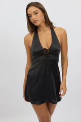Black Halter Neck Dress Mini Satin