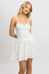White Ditsy Fit And Flare Dress Drop Waist Mini