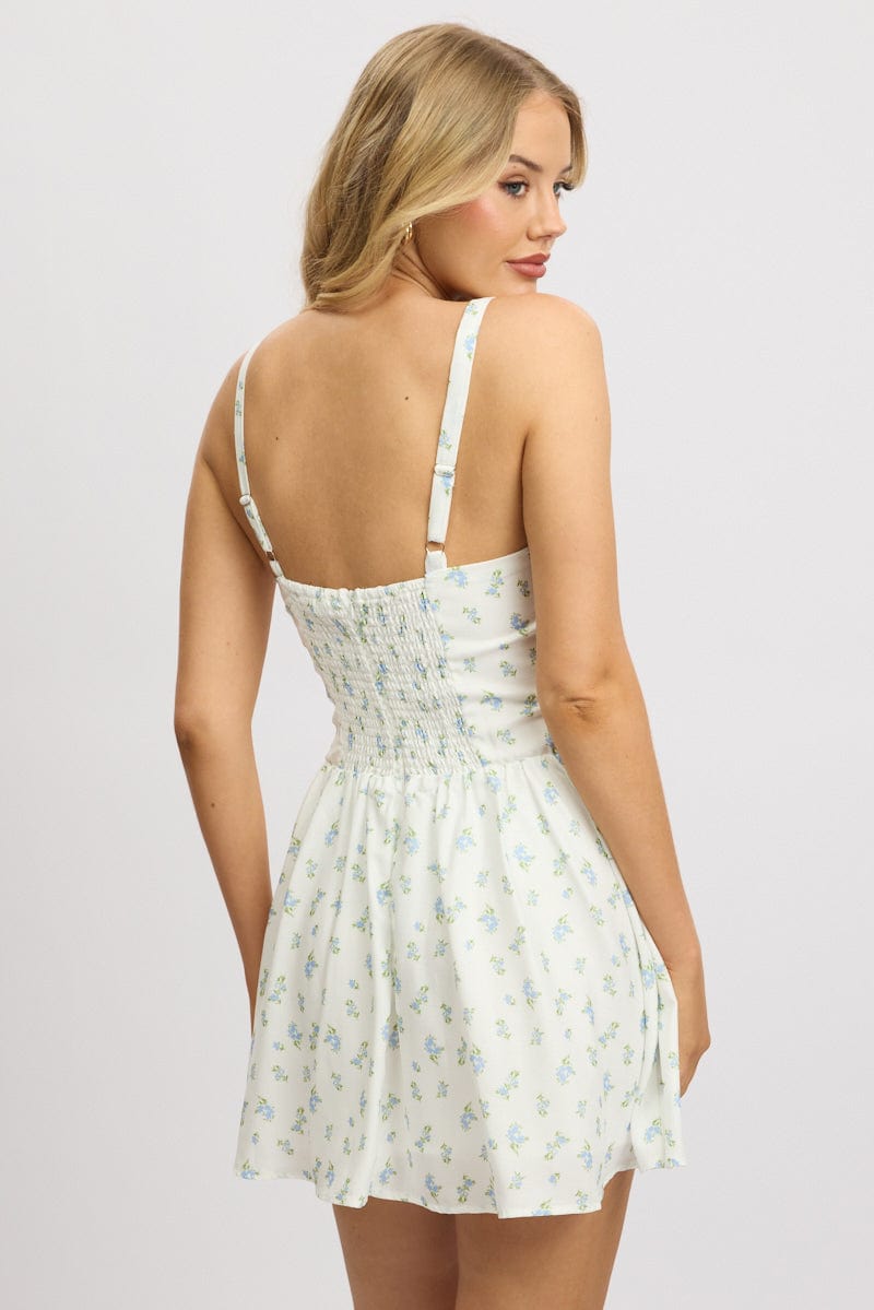 White Ditsy Fit And Flare Dress Drop Waist Mini