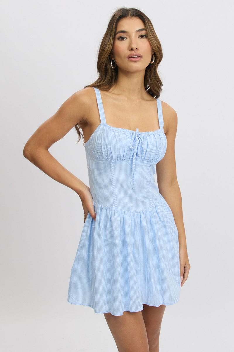 Blue Check Fit And Flare Dress Drop Waist Mini