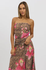 Multi Animal Print Maxi Dress Strapless Drop Waist Mesh