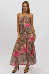 Multi Animal Print Maxi Dress Strapless Drop Waist Mesh