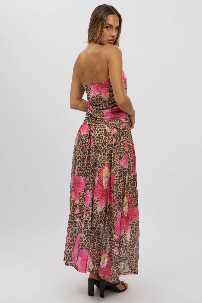 Multi Animal Print Maxi Dress Strapless Drop Waist Mesh