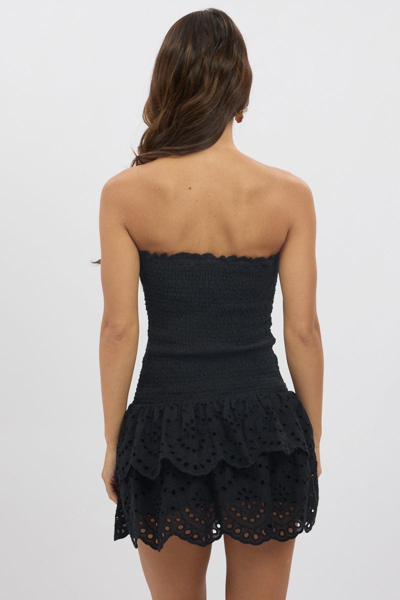 Black Strapless Dress Shirred Body Mini
