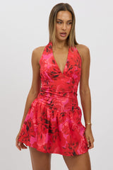 Red Floral Halter Neck Mini Dress