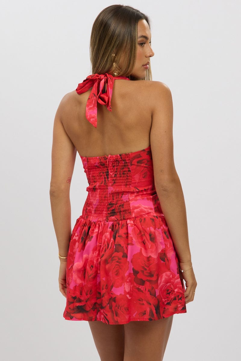 Red Floral Halter Neck Mini Dress
