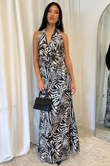 Black Animal Print Cowl Neck Maxi Dress