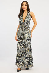 Black Animal Print Cowl Neck Maxi Dress