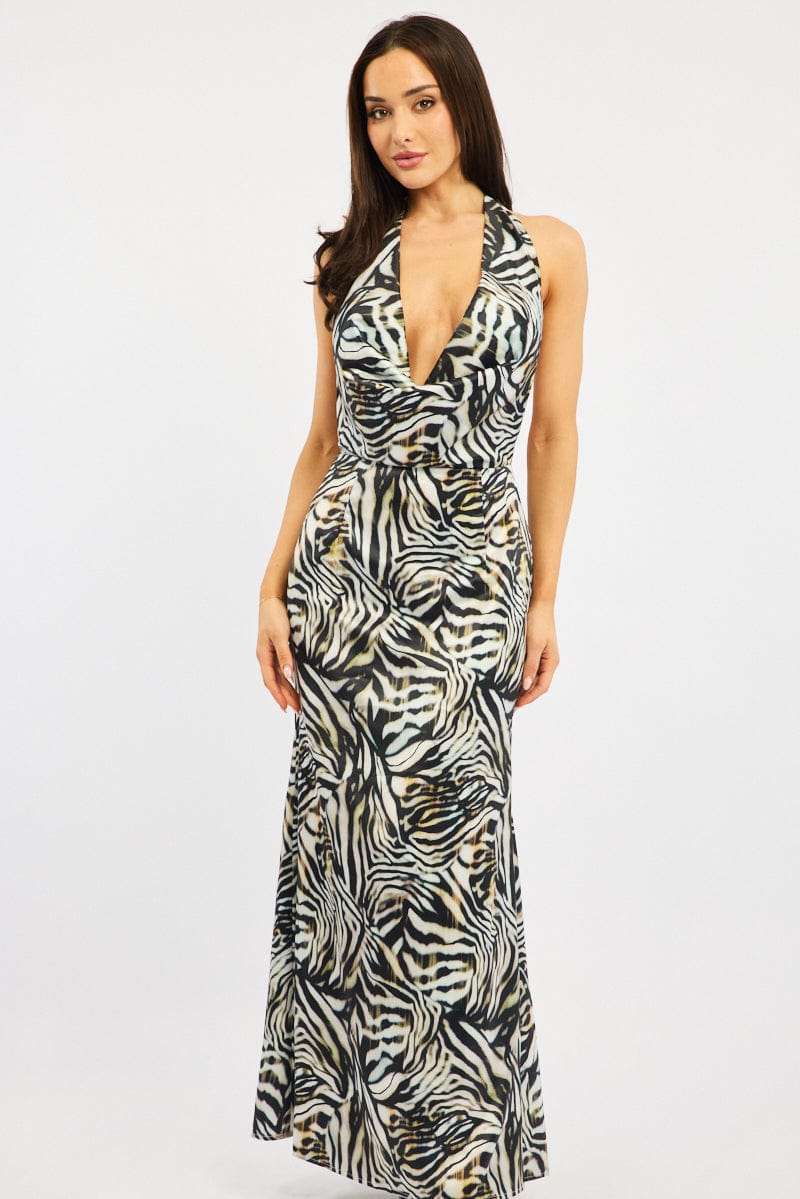 Black Animal Print Cowl Neck Maxi Dress