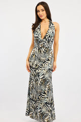 Black Animal Print Cowl Neck Maxi Dress