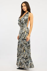 Black Animal Print Cowl Neck Maxi Dress