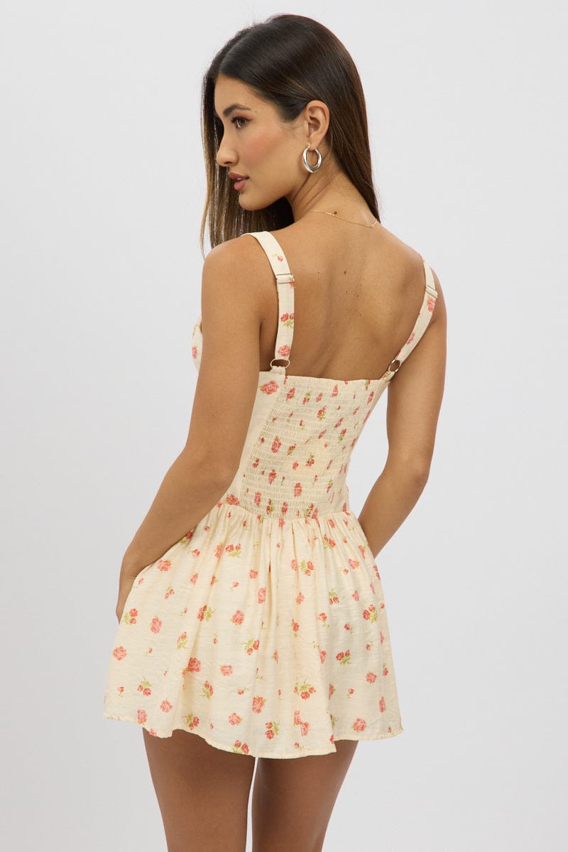 Pink Floral Fit And Flare Dress Mini