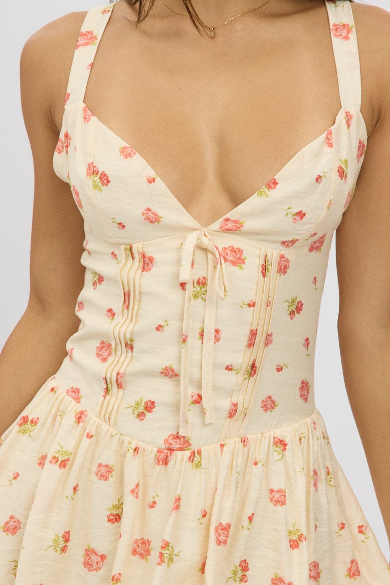 Pink Floral Fit And Flare Dress Mini