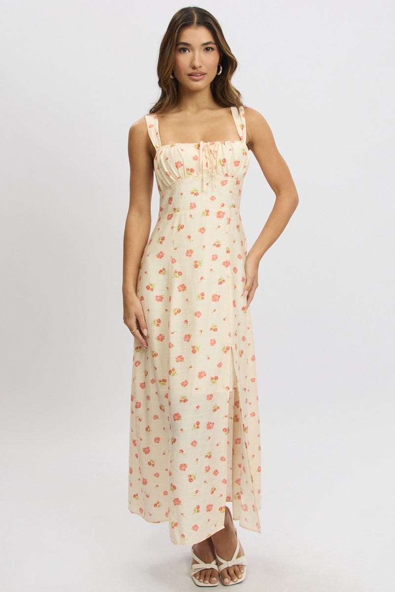 Pink Floral Midi Dress Gathered Bust