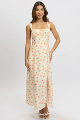 Pink Floral Midi Dress Gathered Bust