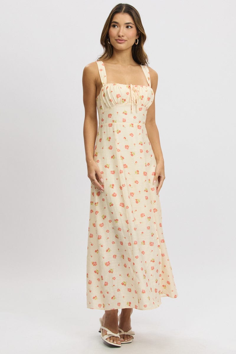 Pink Floral Midi Dress Gathered Bust
