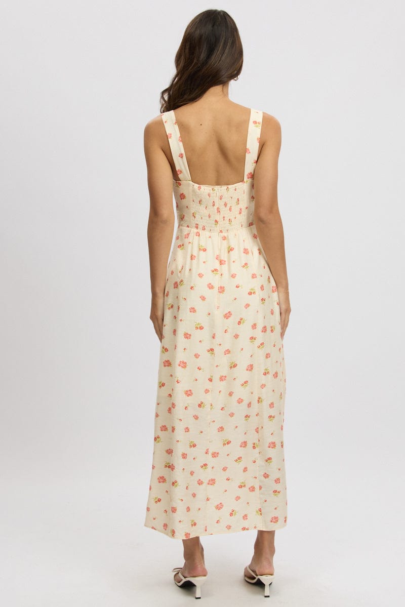 Pink Floral Midi Dress Gathered Bust